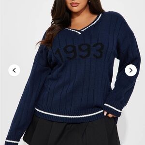 Fashion Nova Navy V-Neck Sweater with 1993 Design